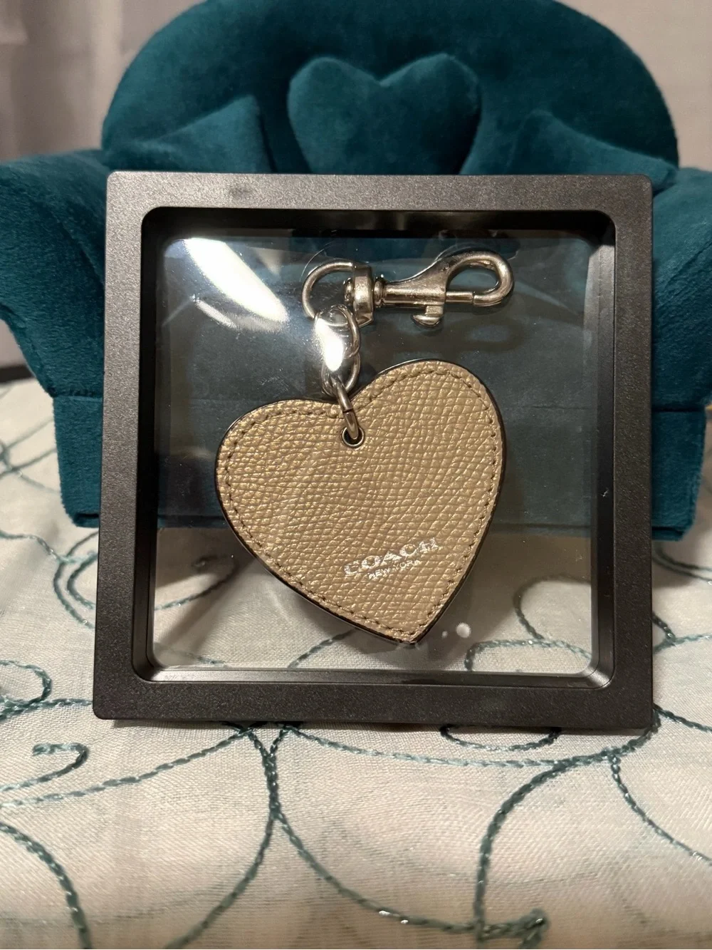 Coach Red Leather Heart Bag Charm / Keychain With Silver Mini Hang Tag
